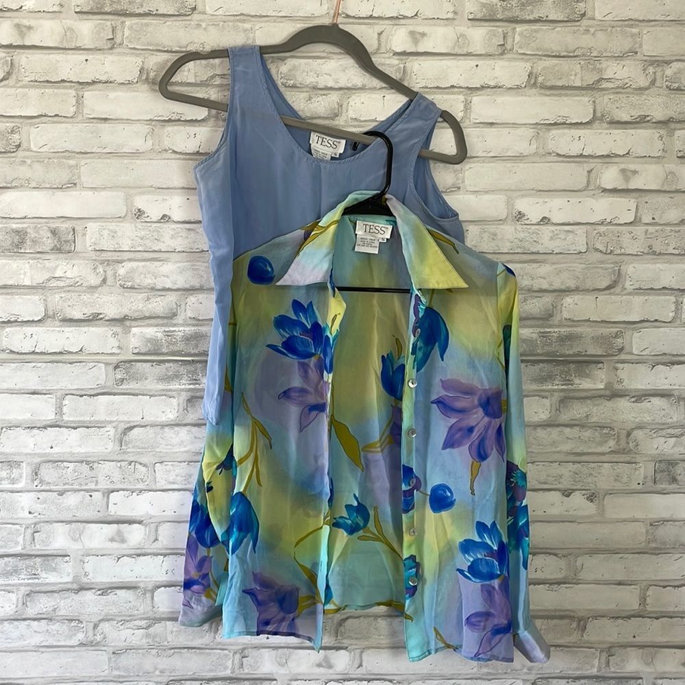 Vintage Tess 100% Silk 80’s Two Piece Button Up Blouse & Tank Top